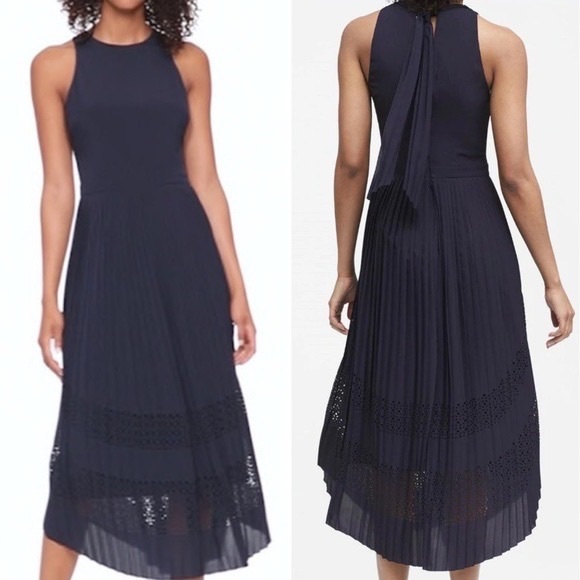 Banana Republic Laser-Cut Curved-Hem Midi Dress Navy Blue Size 0 - Picture 2 of 4